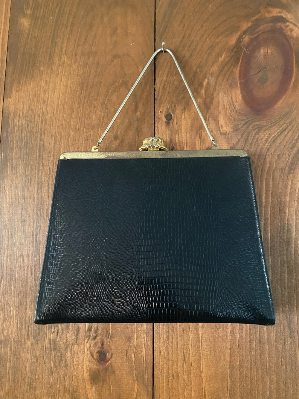 Vintage L&M USA Black Lizard Embossed Leather Jeweled Frame Top Handle Purse